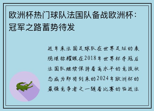 欧洲杯热门球队法国队备战欧洲杯：冠军之路蓄势待发