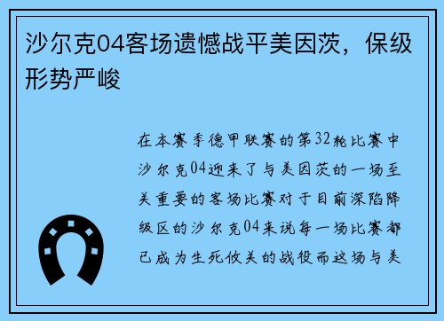 沙尔克04客场遗憾战平美因茨，保级形势严峻